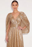 Sparkly Golden A Line V Neck Pleated Maxi Formal Dress with Cape