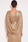 Sparkly Golden A Line V Neck Pleated Maxi Formal Dress with Cape