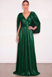 Sparkly Golden A Line V Neck Pleated Maxi Formal Dress with Cape