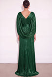 Sparkly Golden A Line V Neck Pleated Maxi Formal Dress with Cape