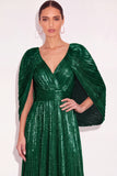 Sparkly Golden A Line V Neck Pleated Maxi Formal Dress with Cape