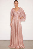 Sparkly Golden A Line V Neck Pleated Maxi Formal Dress with Cape