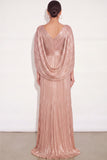 Sparkly Golden A Line V Neck Pleated Maxi Formal Dress with Cape