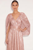 Sparkly Golden A Line V Neck Pleated Maxi Formal Dress with Cape