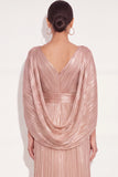 Sparkly Golden A Line V Neck Pleated Maxi Formal Dress with Cape