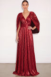 Sparkly Golden A Line V Neck Pleated Maxi Formal Dress with Cape