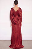 Sparkly Golden A Line V Neck Pleated Maxi Formal Dress with Cape