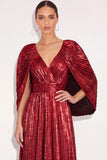Sparkly Golden A Line V Neck Pleated Maxi Formal Dress with Cape