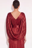 Sparkly Golden A Line V Neck Pleated Maxi Formal Dress with Cape
