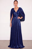 Sparkly Golden A Line V Neck Pleated Maxi Formal Dress with Cape