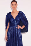 Sparkly Golden A Line V Neck Pleated Maxi Formal Dress with Cape