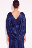 Sparkly Golden A Line V Neck Pleated Maxi Formal Dress with Cape