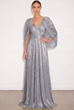 Sparkly Golden A Line V Neck Pleated Maxi Formal Dress with Cape