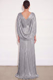 Sparkly Golden A Line V Neck Pleated Maxi Formal Dress with Cape