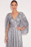 Sparkly Golden A Line V Neck Pleated Maxi Formal Dress with Cape