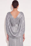 Sparkly Golden A Line V Neck Pleated Maxi Formal Dress with Cape