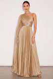 Golden Metallic A Line One Shoulder Pleated Maxi Formal Dress with Cape