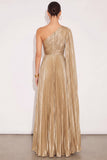 Golden Metallic A Line One Shoulder Pleated Maxi Formal Dress with Cape