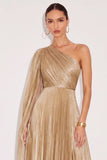 Golden Metallic A Line One Shoulder Pleated Maxi Formal Dress with Cape