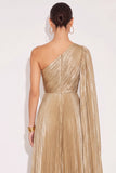Golden Metallic A Line One Shoulder Pleated Maxi Formal Dress with Cape