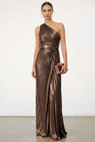 Golden Sparkly Mermaid One Shoulder Pleated Maxi Formal Dress