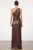 Golden Sparkly Mermaid One Shoulder Pleated Maxi Formal Dress