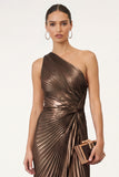 Golden Sparkly Mermaid One Shoulder Pleated Maxi Formal Dress