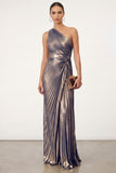 Golden Sparkly Mermaid One Shoulder Pleated Maxi Formal Dress