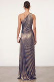 Golden Sparkly Mermaid One Shoulder Pleated Maxi Formal Dress