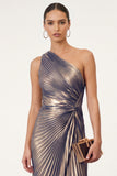Golden Sparkly Mermaid One Shoulder Pleated Maxi Formal Dress
