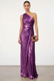 Golden Sparkly Mermaid One Shoulder Pleated Maxi Formal Dress