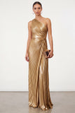 Golden Sparkly Mermaid One Shoulder Pleated Maxi Formal Dress