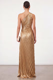 Golden Sparkly Mermaid One Shoulder Pleated Maxi Formal Dress
