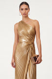 Golden Sparkly Mermaid One Shoulder Pleated Maxi Formal Dress