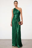 Golden Sparkly Mermaid One Shoulder Pleated Maxi Formal Dress