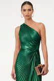 Golden Sparkly Mermaid One Shoulder Pleated Maxi Formal Dress