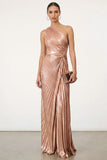 Golden Sparkly Mermaid One Shoulder Pleated Maxi Formal Dress