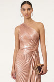 Golden Sparkly Mermaid One Shoulder Pleated Maxi Formal Dress