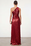 Golden Sparkly Mermaid One Shoulder Pleated Maxi Formal Dress
