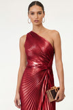 Golden Sparkly Mermaid One Shoulder Pleated Maxi Formal Dress
