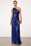 Golden Sparkly Mermaid One Shoulder Pleated Maxi Formal Dress