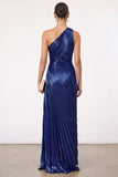 Golden Sparkly Mermaid One Shoulder Pleated Maxi Formal Dress