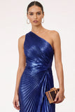 Golden Sparkly Mermaid One Shoulder Pleated Maxi Formal Dress