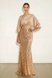 Sparkly Golden Mermiad Sequin Boat Neck Maxi Formal Dress with Sleeves