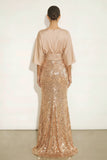 Sparkly Golden Mermiad Sequin Boat Neck Maxi Formal Dress with Sleeves