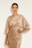 Sparkly Golden Mermiad Sequin Boat Neck Maxi Formal Dress with Sleeves