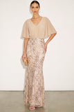 Sparkly Champagne Mermaid Flutter Sleeves Maxi Formal Dress with Sequins