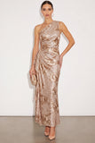 Sparkly Golden Sheath One Shoulder Sequins Ruched Maxi Formal Dress