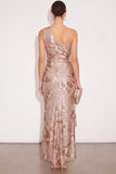 Sparkly Golden Sheath One Shoulder Sequins Ruched Maxi Formal Dress