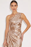Sparkly Golden Sheath One Shoulder Sequins Ruched Maxi Formal Dress